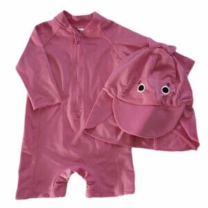 CuddleClub Pink Surf Style OnePiece Flamingo Swimwear Swim Suit w/Hat sz S 3-6M